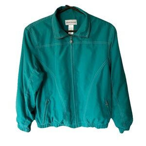 Alfred Dunner Teal Bomber Fleece Zip Up Jacket w/ Pockets Floral Size S 90s